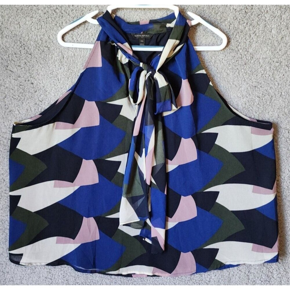 Banana Republic Women's OLX Sleeveless Tie Neck Blouse Top Preppy‎ Navy Size XXL